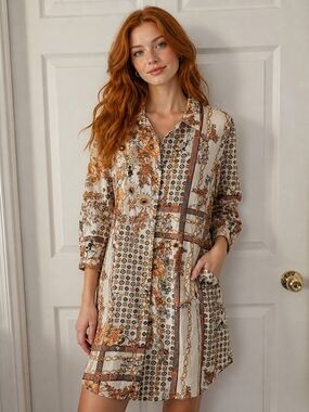 Button-Down Retro Scarf Print Shirt Dress in Cream and Burnt Orange XL